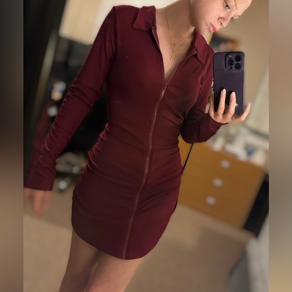 Birch & Stone Front Zip Wine Bodycon Dress - Picture 5 of 8